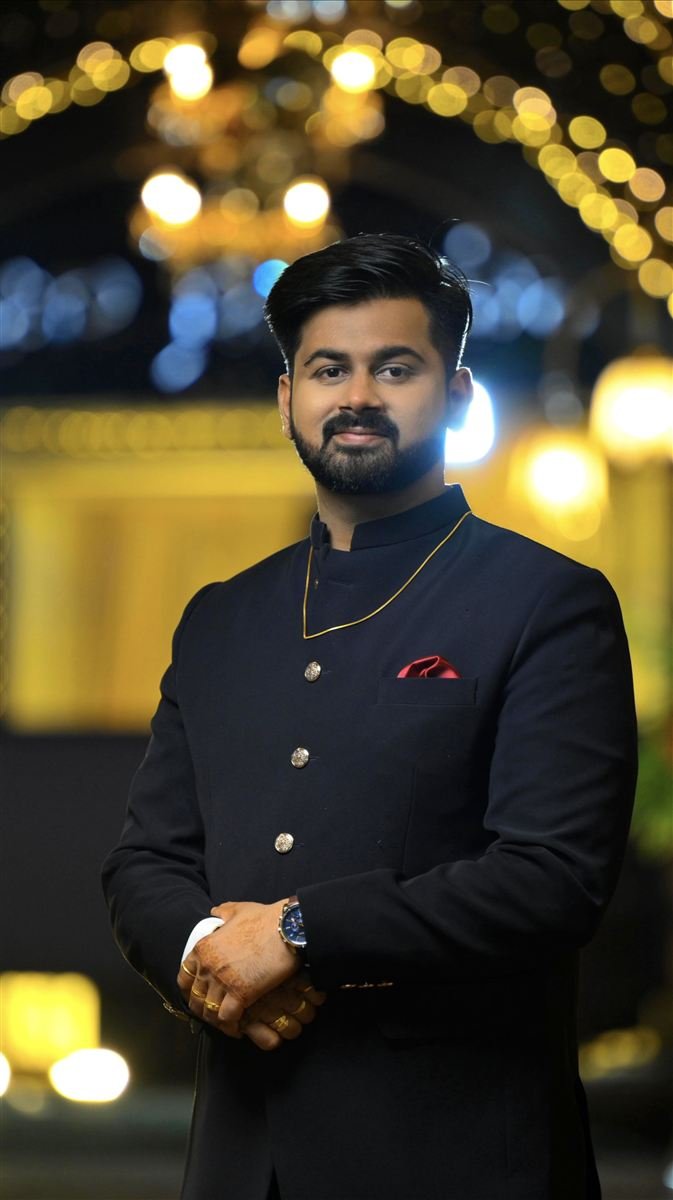 Groom makeup and hair styling, navy bandhgala portrait — Navi Mumbai